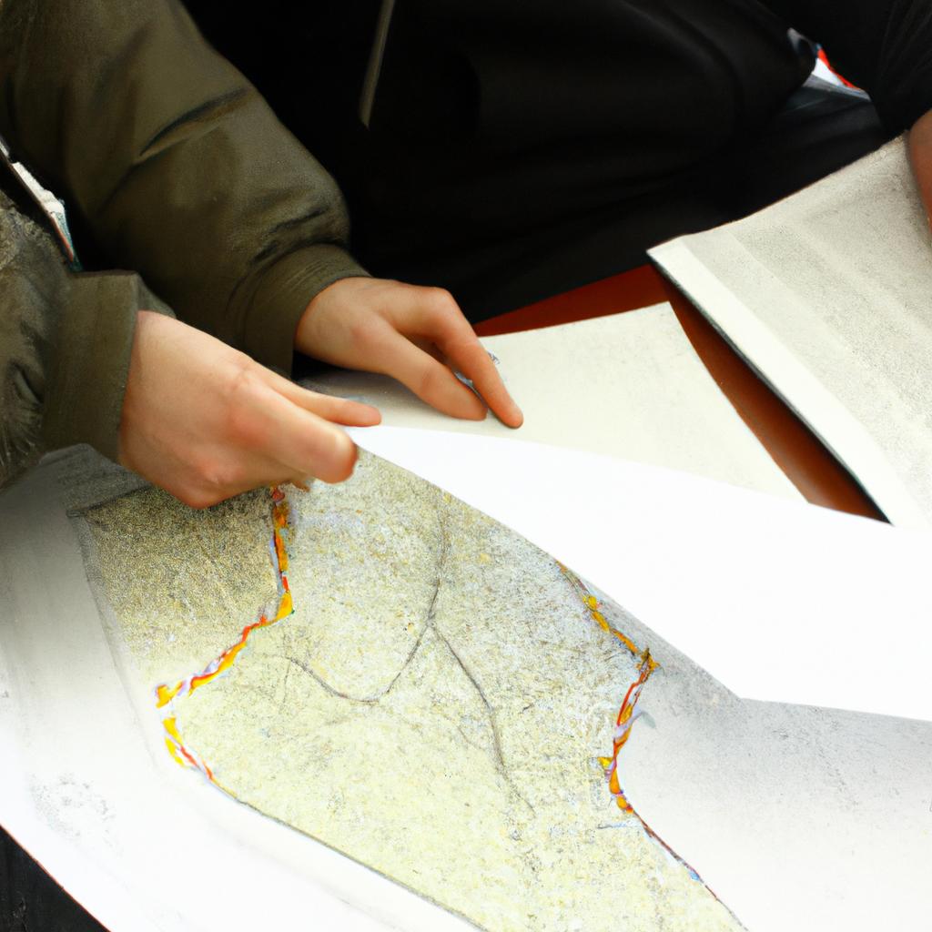 Person examining maps and documents