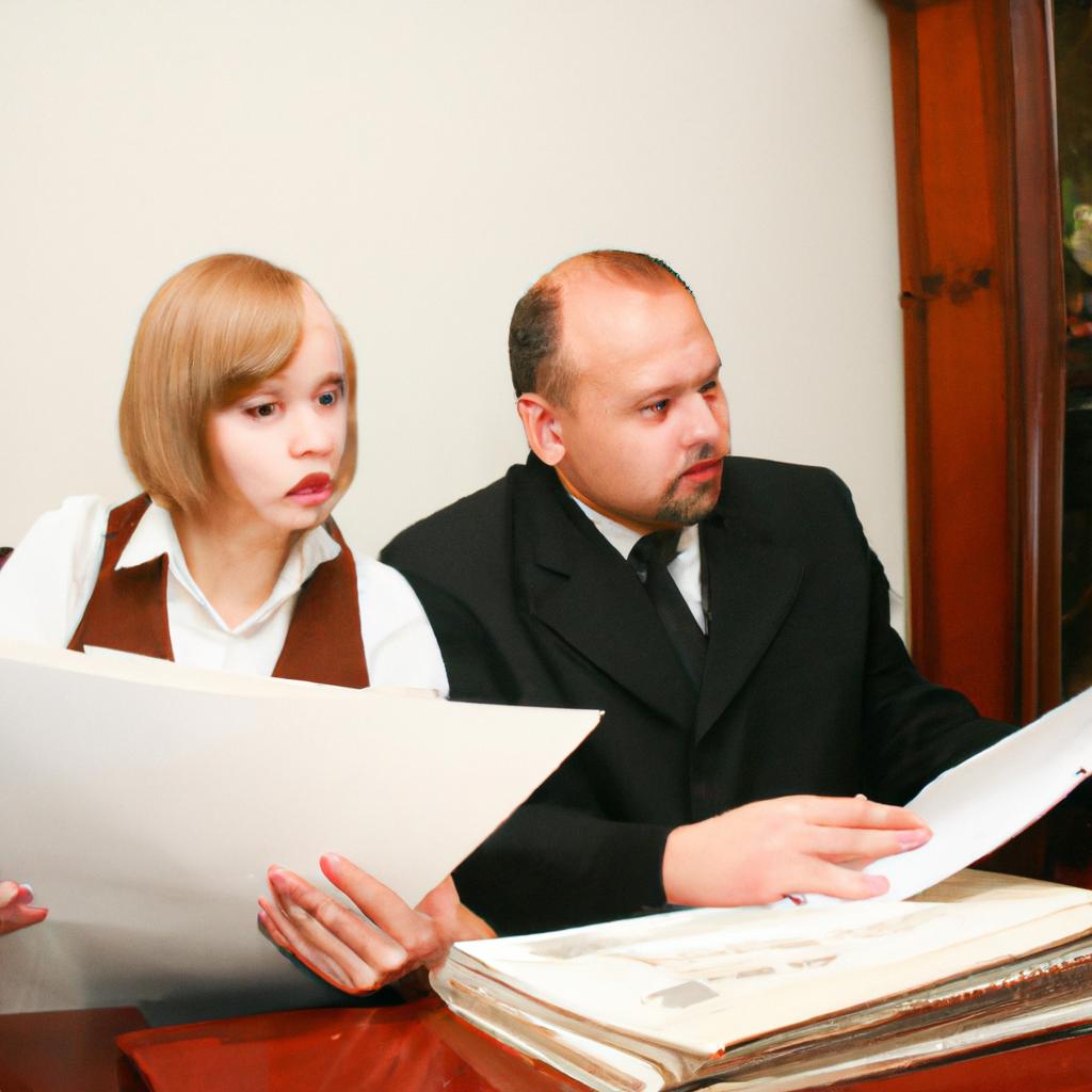 Man and woman discussing historical documents