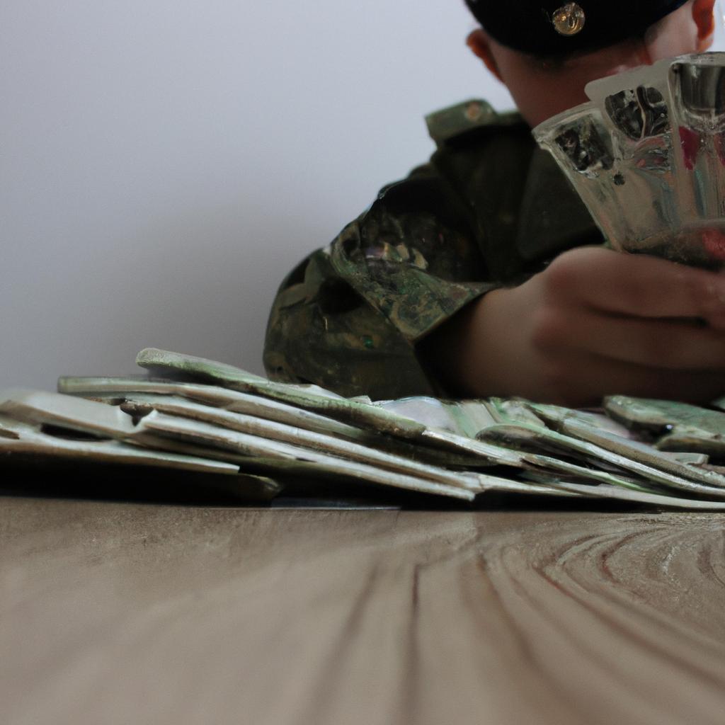 Soldier counting stacks of money