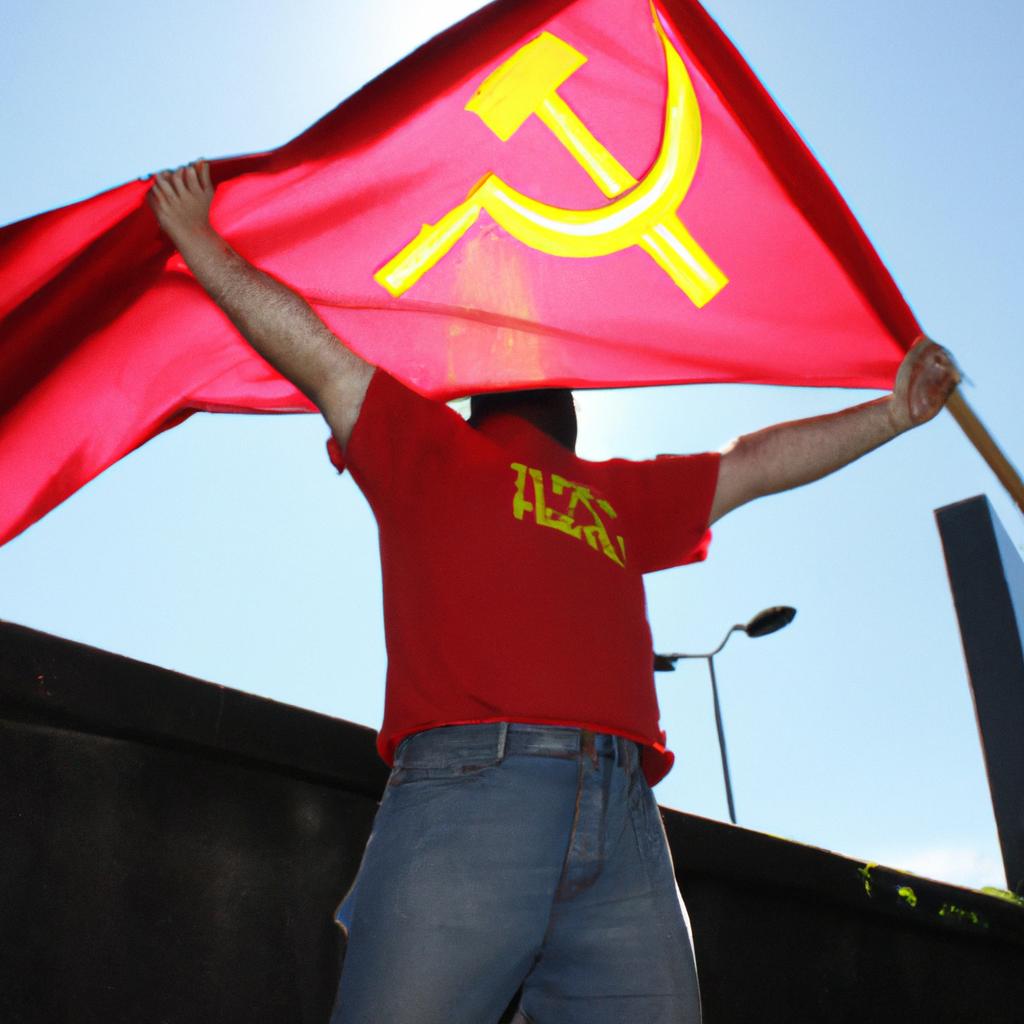 Person holding communist flag, protesting